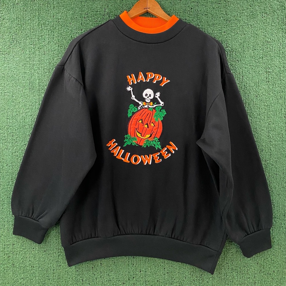 VTG 90’s Happy Halloween Skeleton Pumpkin Embroidered Sweatshirt Women’s Medium
